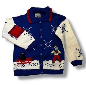 Vintage Berek Cardigan Sweater Size Small Hand Knit Wool Winter Snow Scene Blue